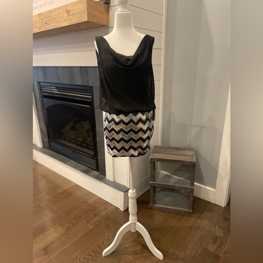 As U Wish Black and Silver Sequin Chevron Dress